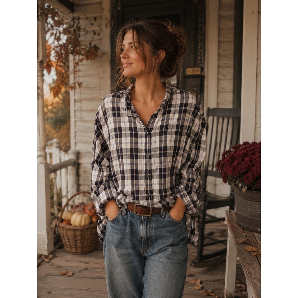J.Crew Relaxed‎ Fit Plaid Button Down Shirt Navy White Cotton Size 20